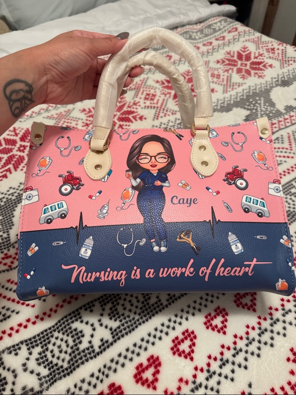 Nursing Is a Work of Heart Pink & Navy Tote Bag - Picture 2 of 7